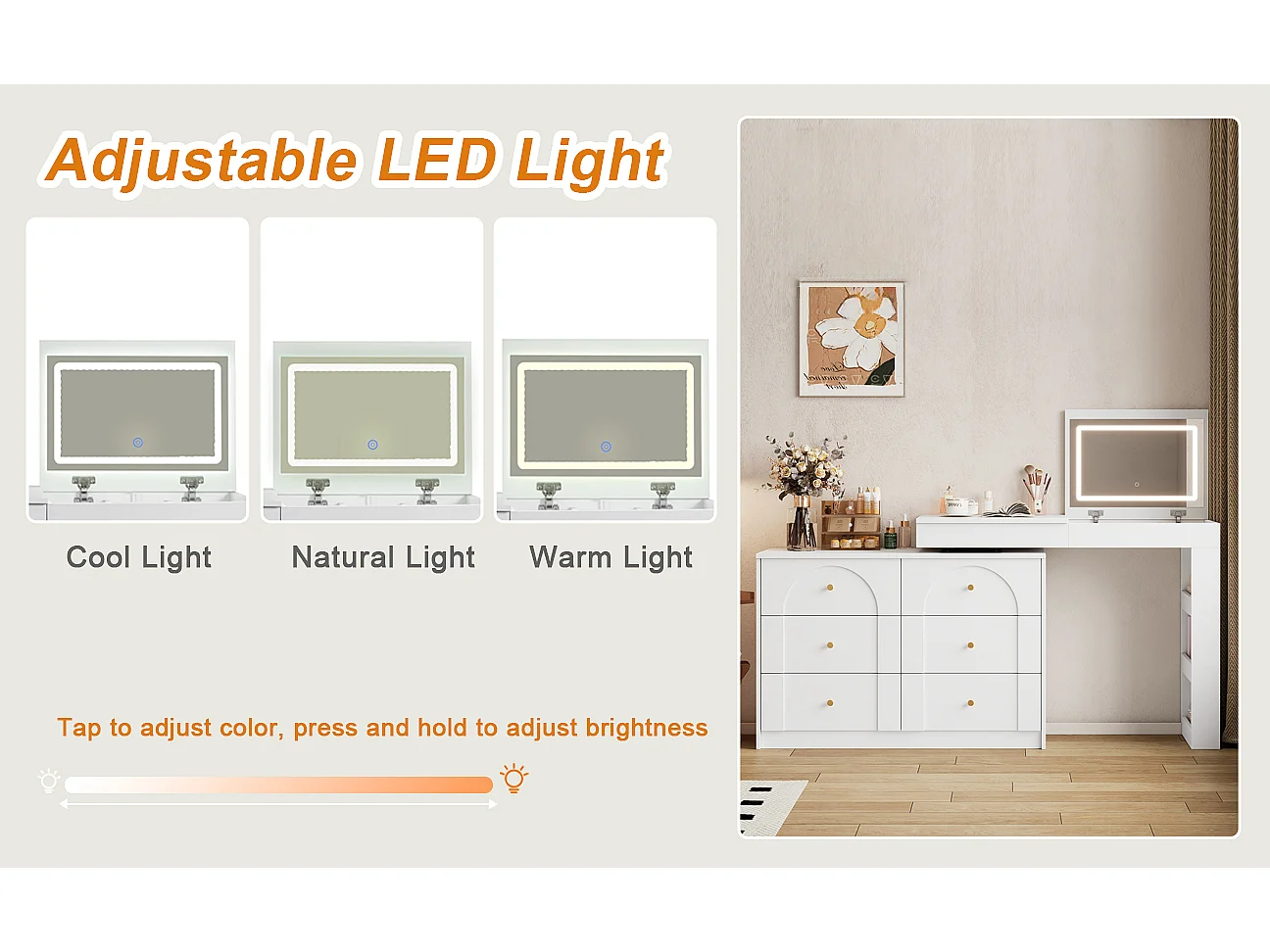 Dressing table with LED lighting 105x40x80 cm - with 7 drawers - with storage compartments - white