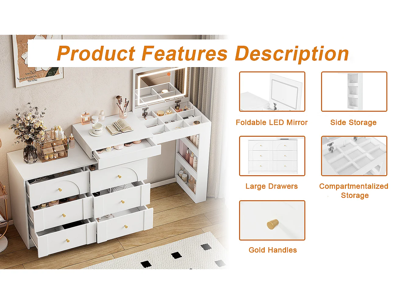 Dressing table with LED lighting 105x40x80 cm - with 7 drawers - with storage compartments - white