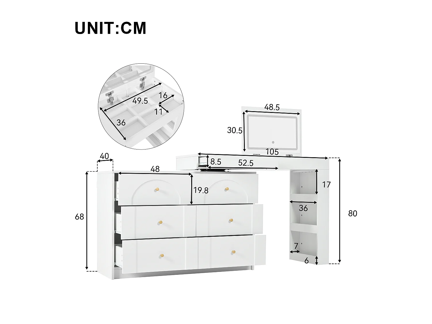 Dressing table with LED lighting 105x40x80 cm - with 7 drawers - with storage compartments - white
