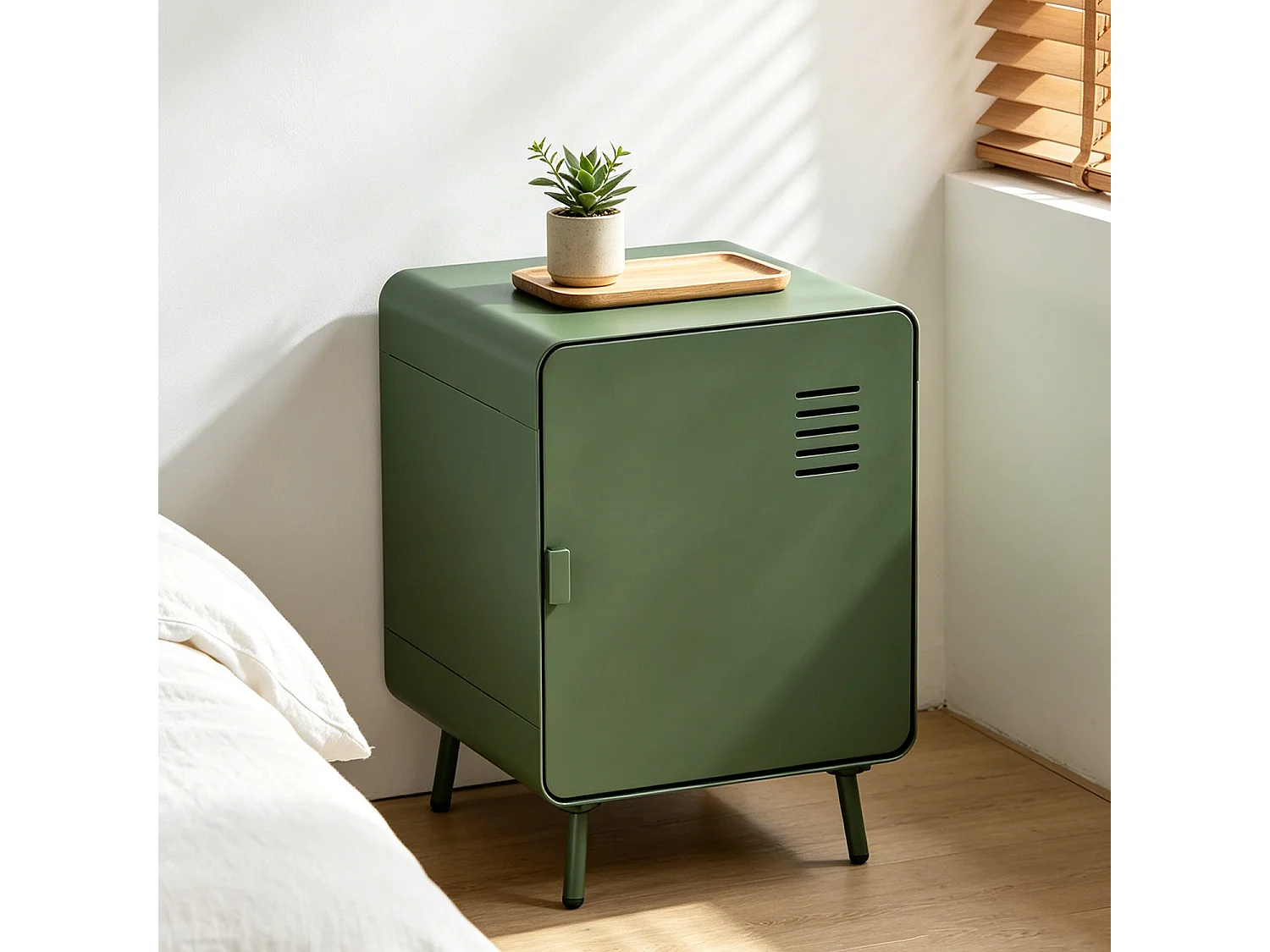 WALNUT - Table de chevet industrielle en métal 1 porte avec 2 niveaux de rangement en vert