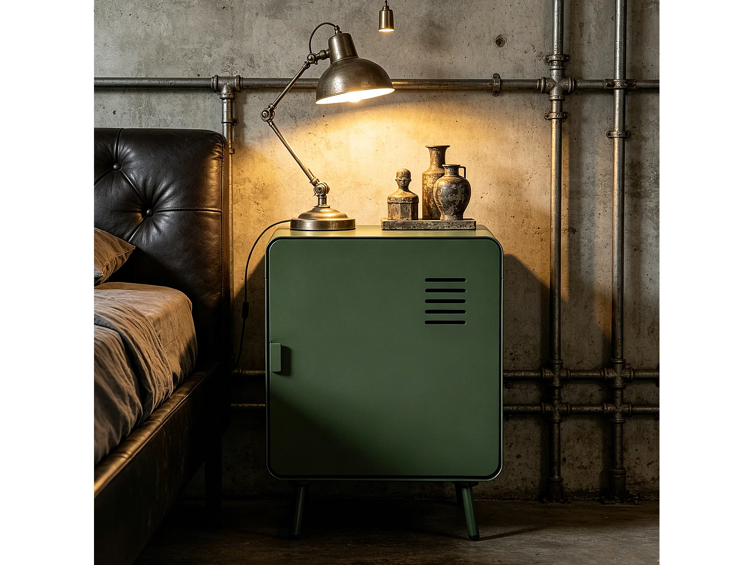 WALNUT - Table de chevet industrielle en métal 1 porte avec 2 niveaux de rangement en vert