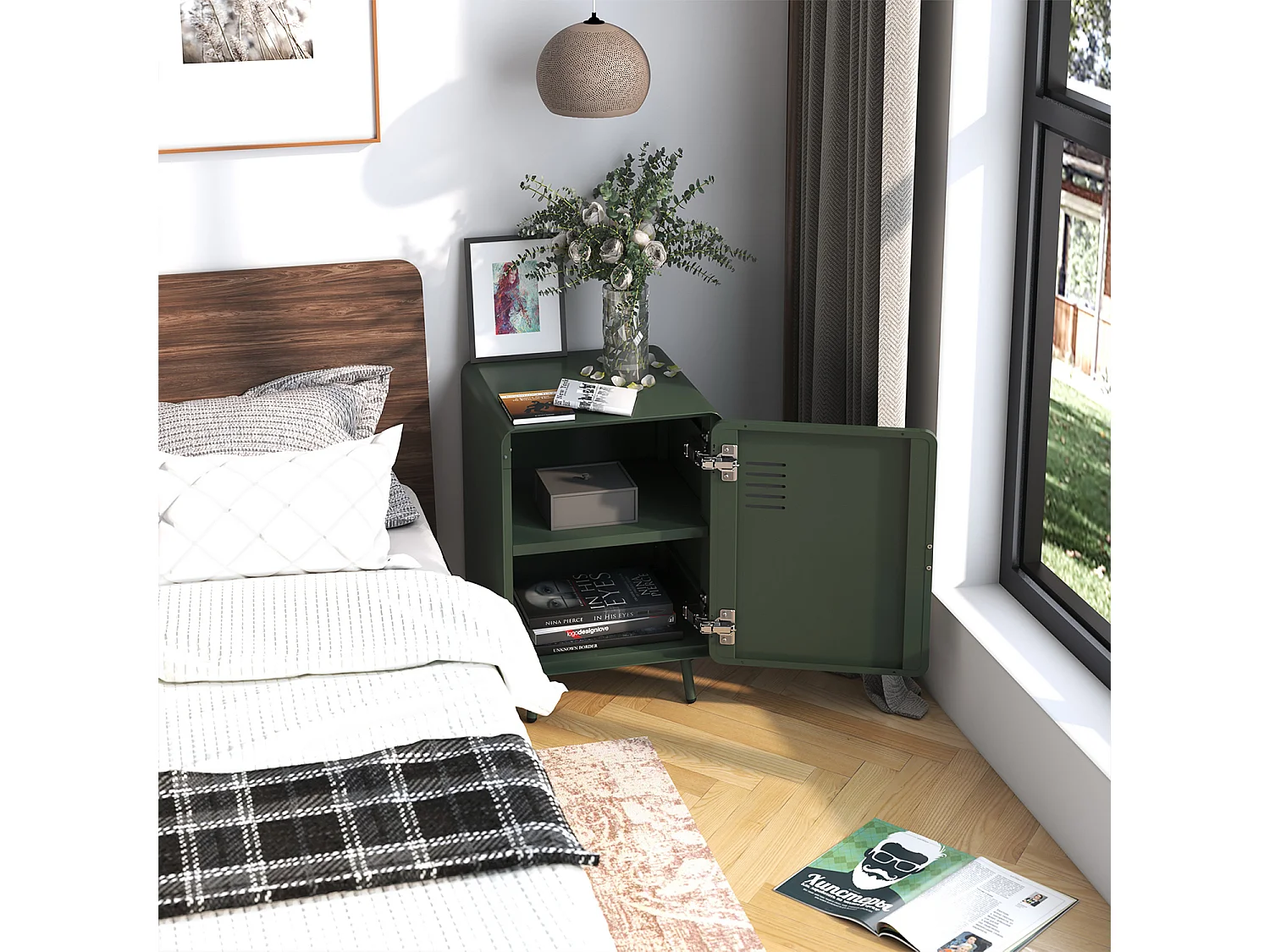 WALNUT - Table de chevet industrielle en métal 1 porte avec 2 niveaux de rangement en vert