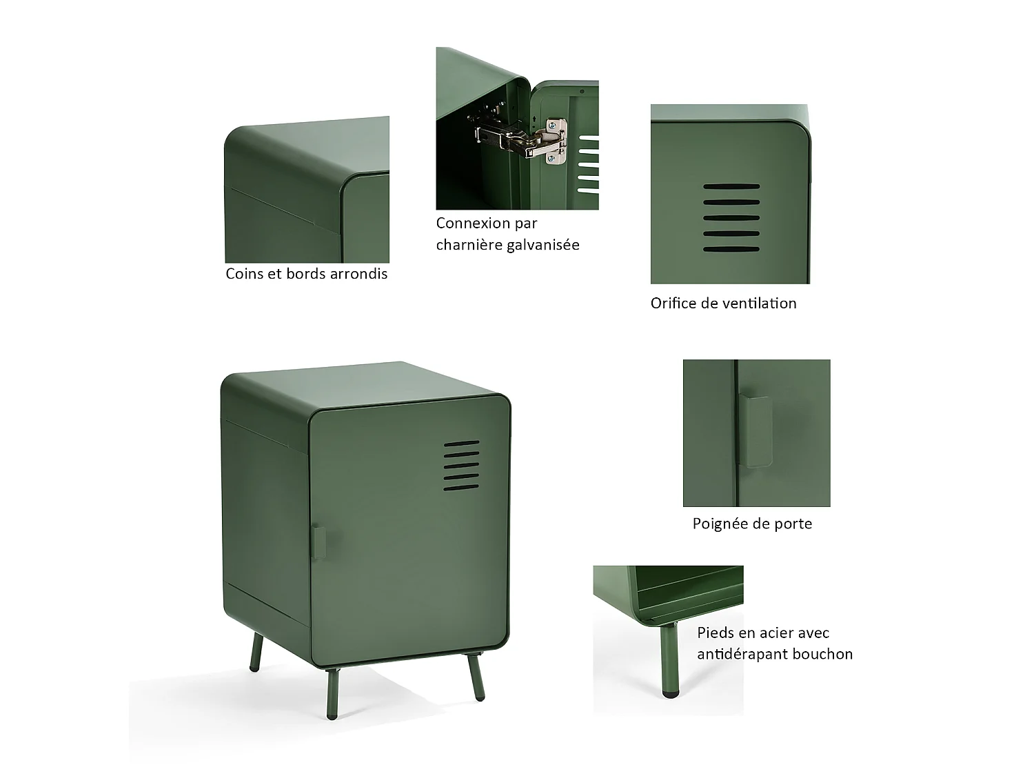 WALNUT - Table de chevet industrielle en métal 1 porte avec 2 niveaux de rangement en vert