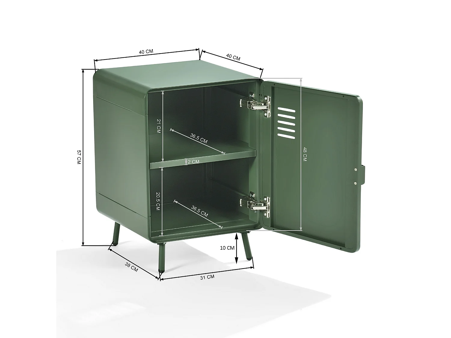 WALNUT - Table de chevet industrielle en métal 1 porte avec 2 niveaux de rangement en vert