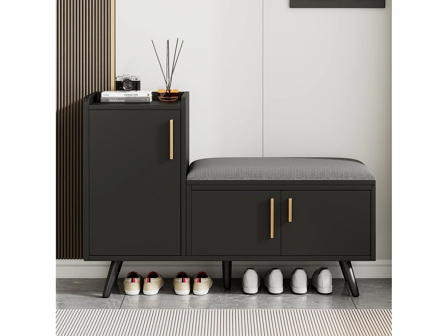 Shoe cabinet - with a bench and 3 doors - Black