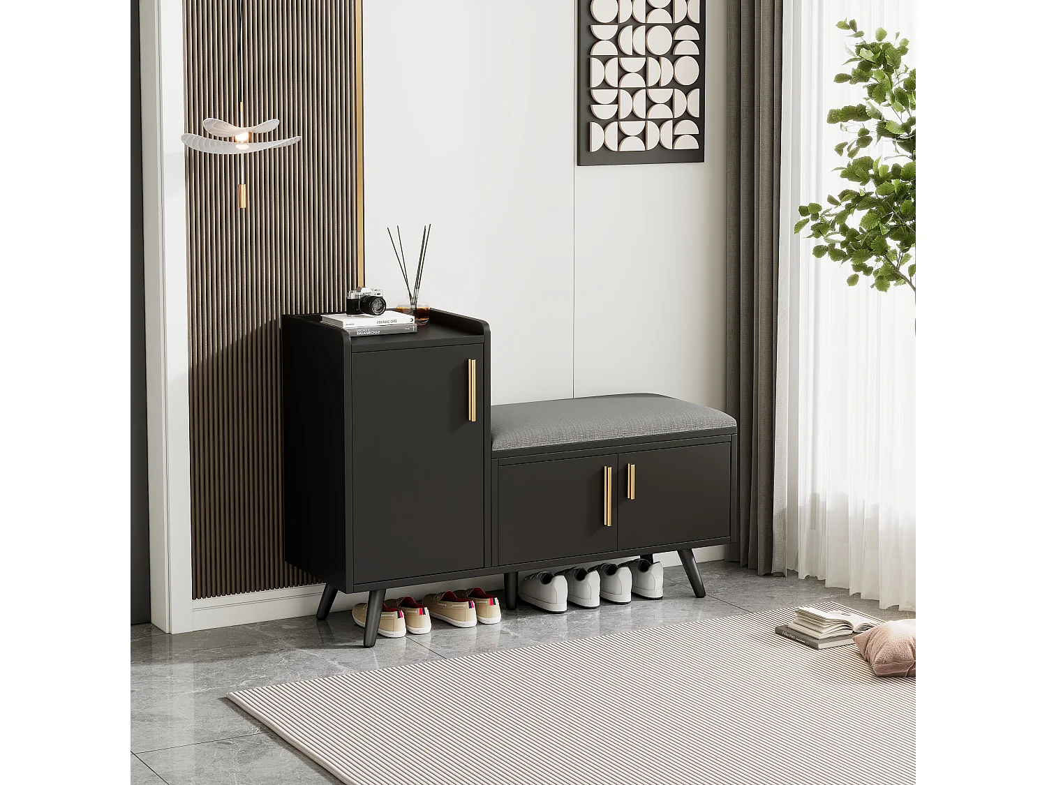 Shoe cabinet - with a bench and 3 doors - Black