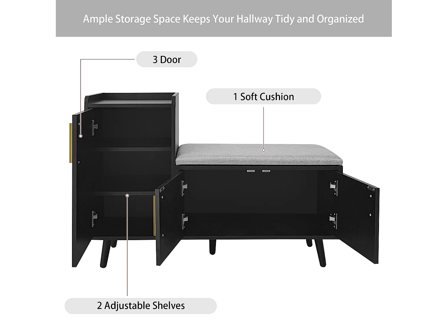 Shoe cabinet - with a bench and 3 doors - Black