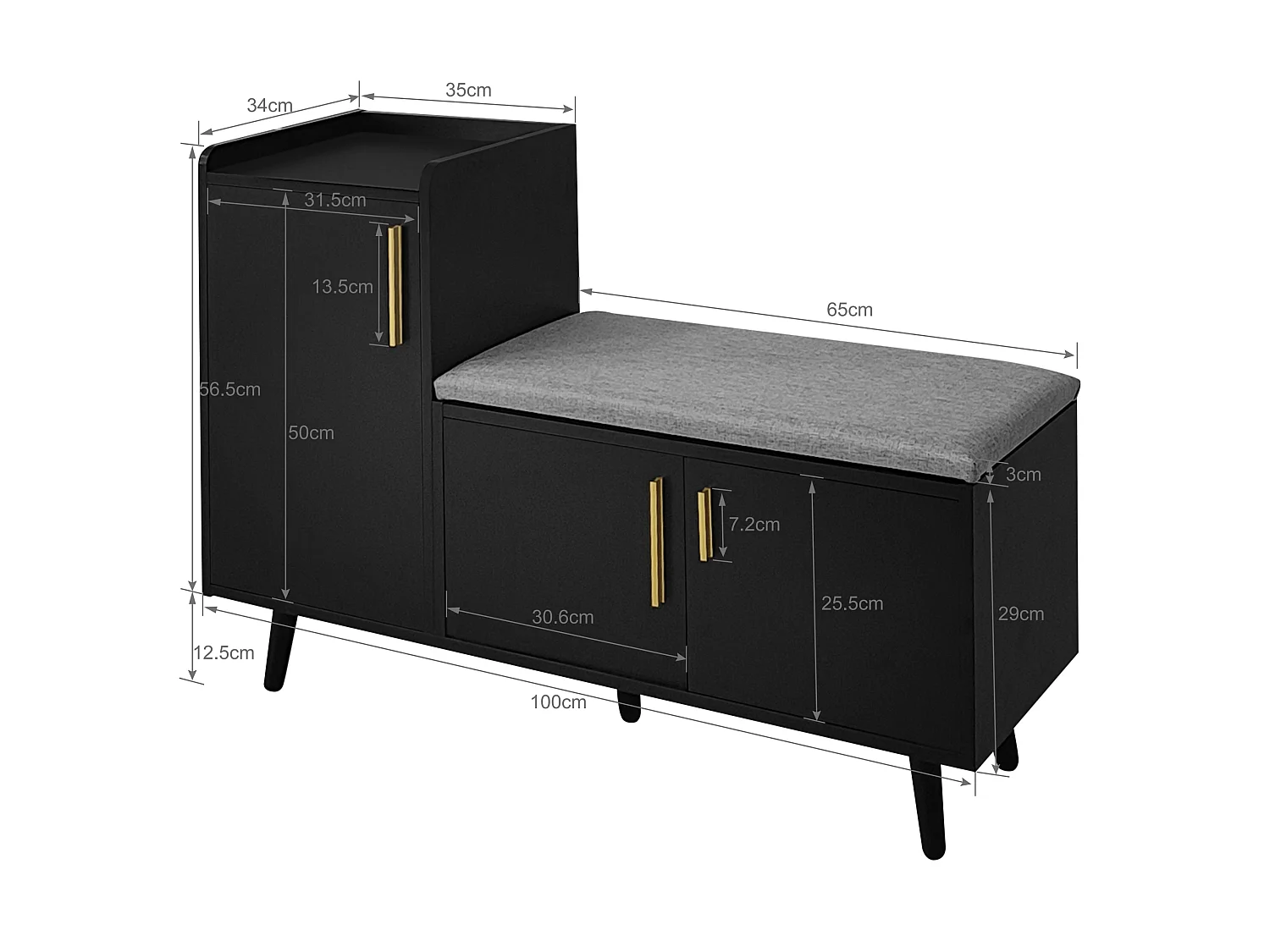 Shoe cabinet - with a bench and 3 doors - Black