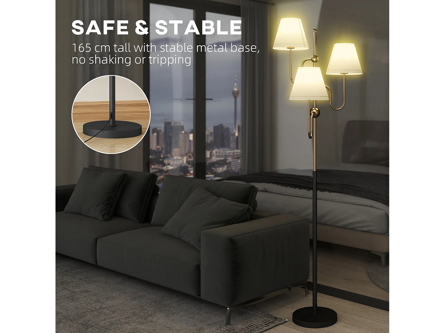 Tora Gold Tone Three Light Floor Lamp 165cm E27 Foot Switch