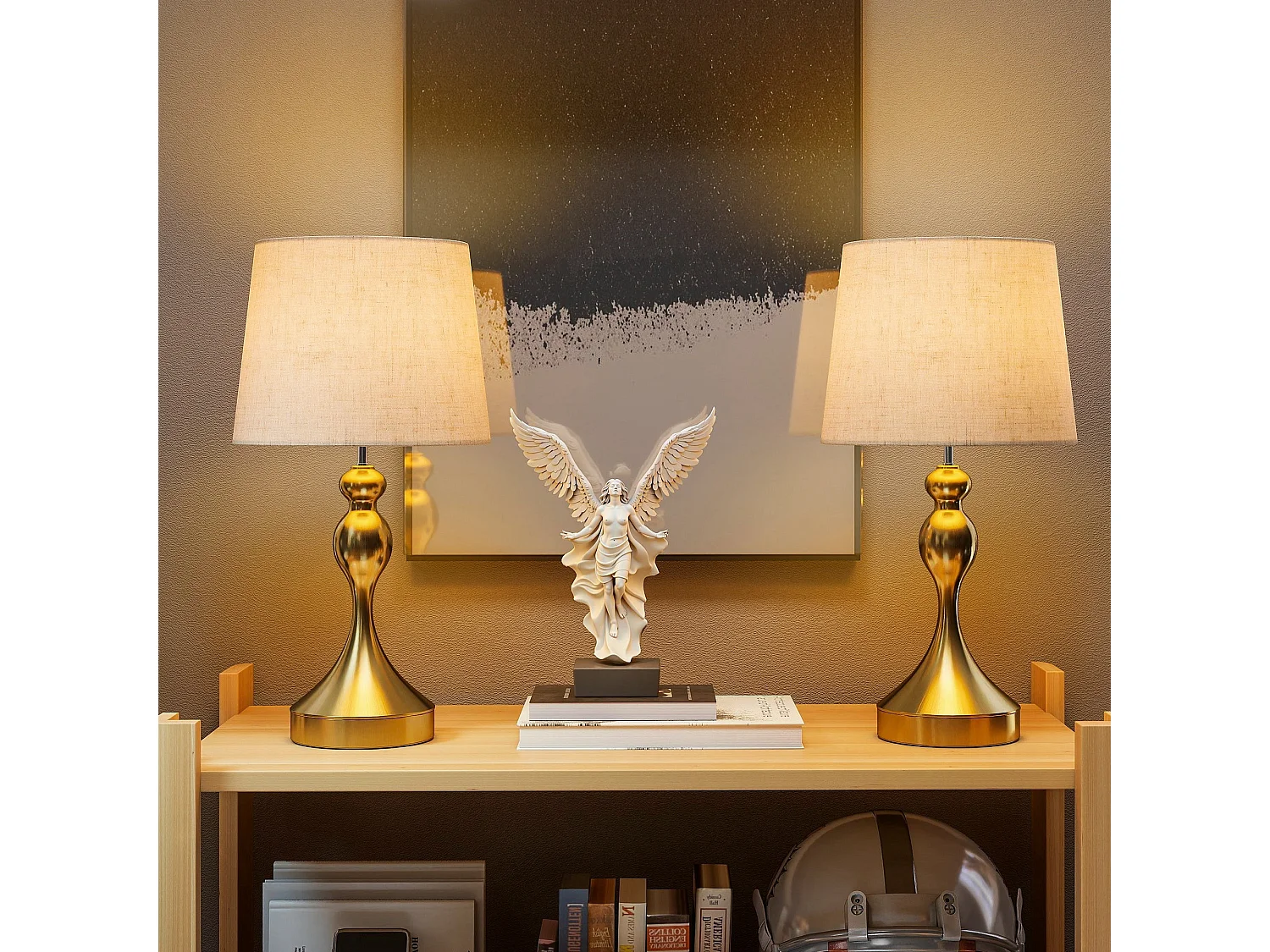 Rino Set of 2 Bedside Lamps Gold Tone With Linen Shades USB A and USB C Charging 9W LED 3 Colour