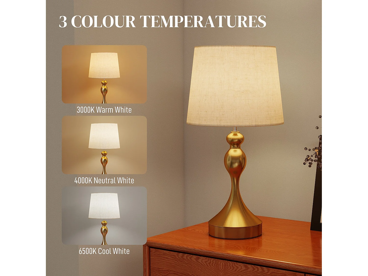Rino Set of 2 Bedside Lamps Gold Tone With Linen Shades USB A and USB C Charging 9W LED 3 Colour