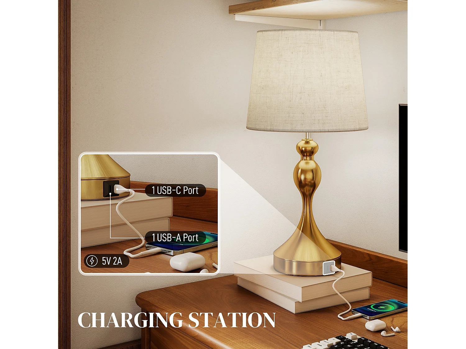 Rino Set of 2 Bedside Lamps Gold Tone With Linen Shades USB A and USB C Charging 9W LED 3 Colour