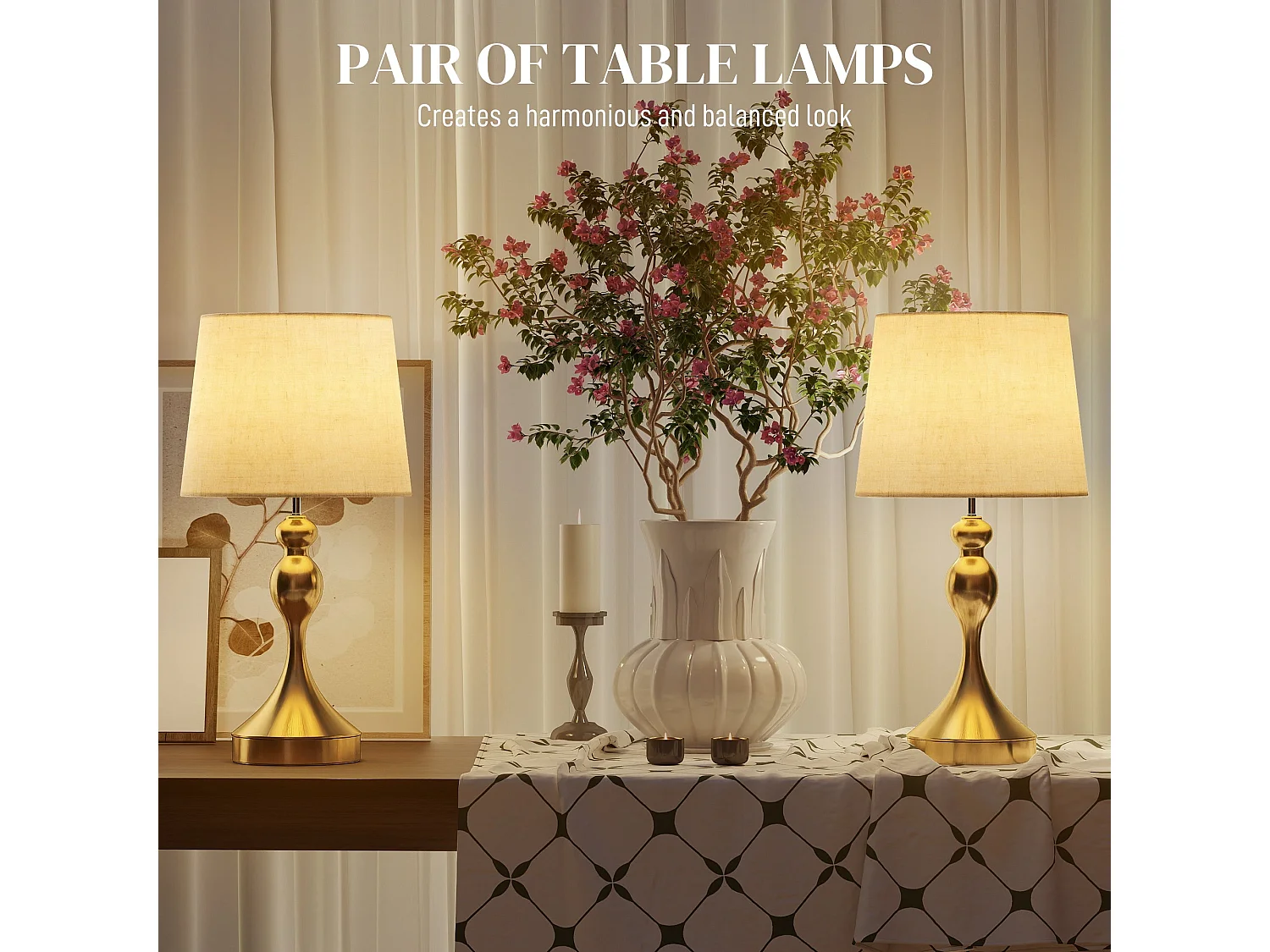 Rino Set of 2 Bedside Lamps Gold Tone With Linen Shades USB A and USB C Charging 9W LED 3 Colour