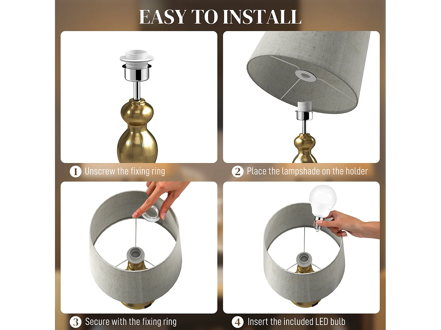 Rino Set of 2 Bedside Lamps Gold Tone With Linen Shades USB A and USB C Charging 9W LED 3 Colour
