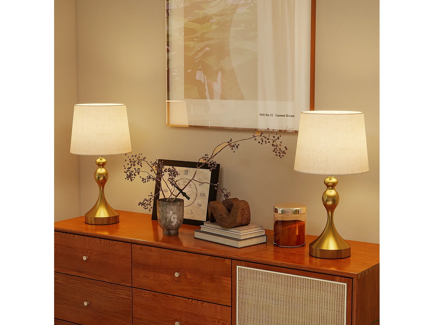 Rino Set of 2 Bedside Lamps Gold Tone With Linen Shades USB A and USB C Charging 9W LED 3 Colour