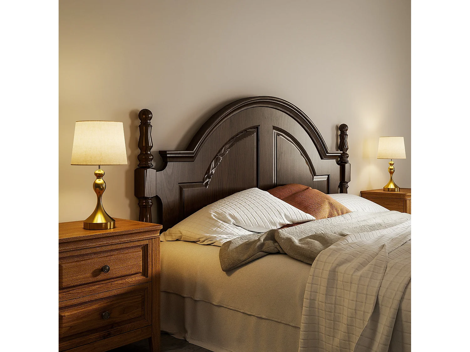 Rino Set of 2 Bedside Lamps Gold Tone With Linen Shades USB A and USB C Charging 9W LED 3 Colour