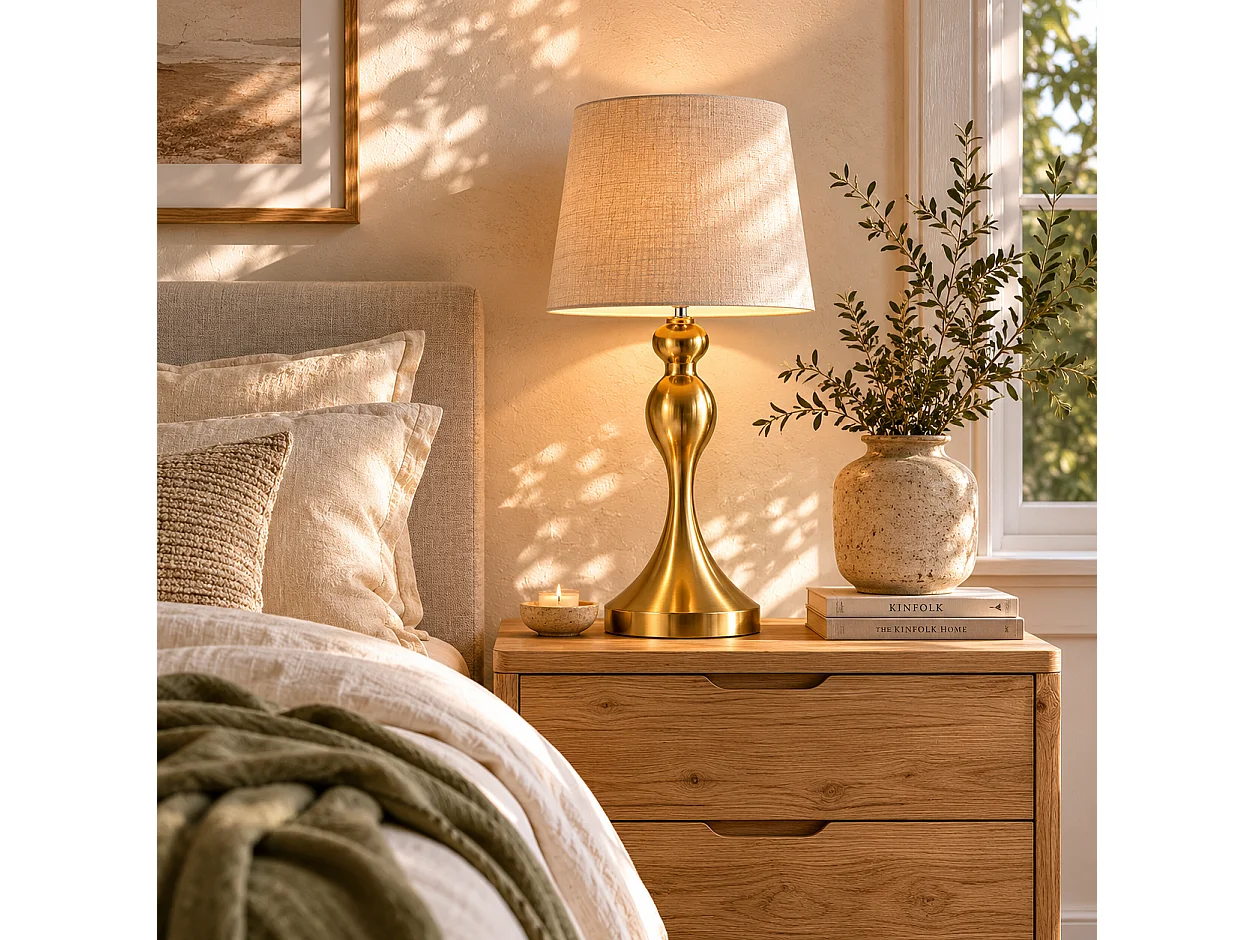Rino Set of 2 Bedside Lamps Gold Tone With Linen Shades USB A and USB C Charging 9W LED 3 Colour