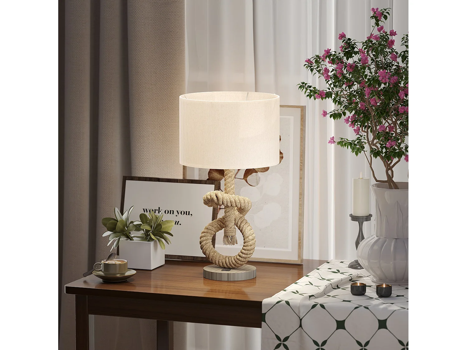 Releta Nautical LED Table Lamp with USB Port E27 Beige Linen Shade