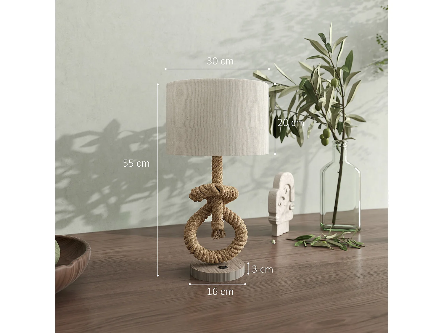 Releta Nautical LED Table Lamp with USB Port E27 Beige Linen Shade