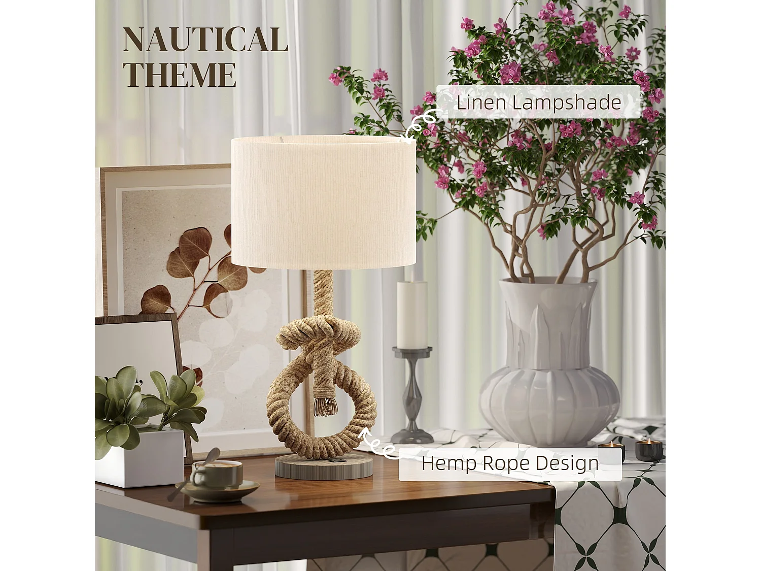 Releta Nautical LED Table Lamp with USB Port E27 Beige Linen Shade