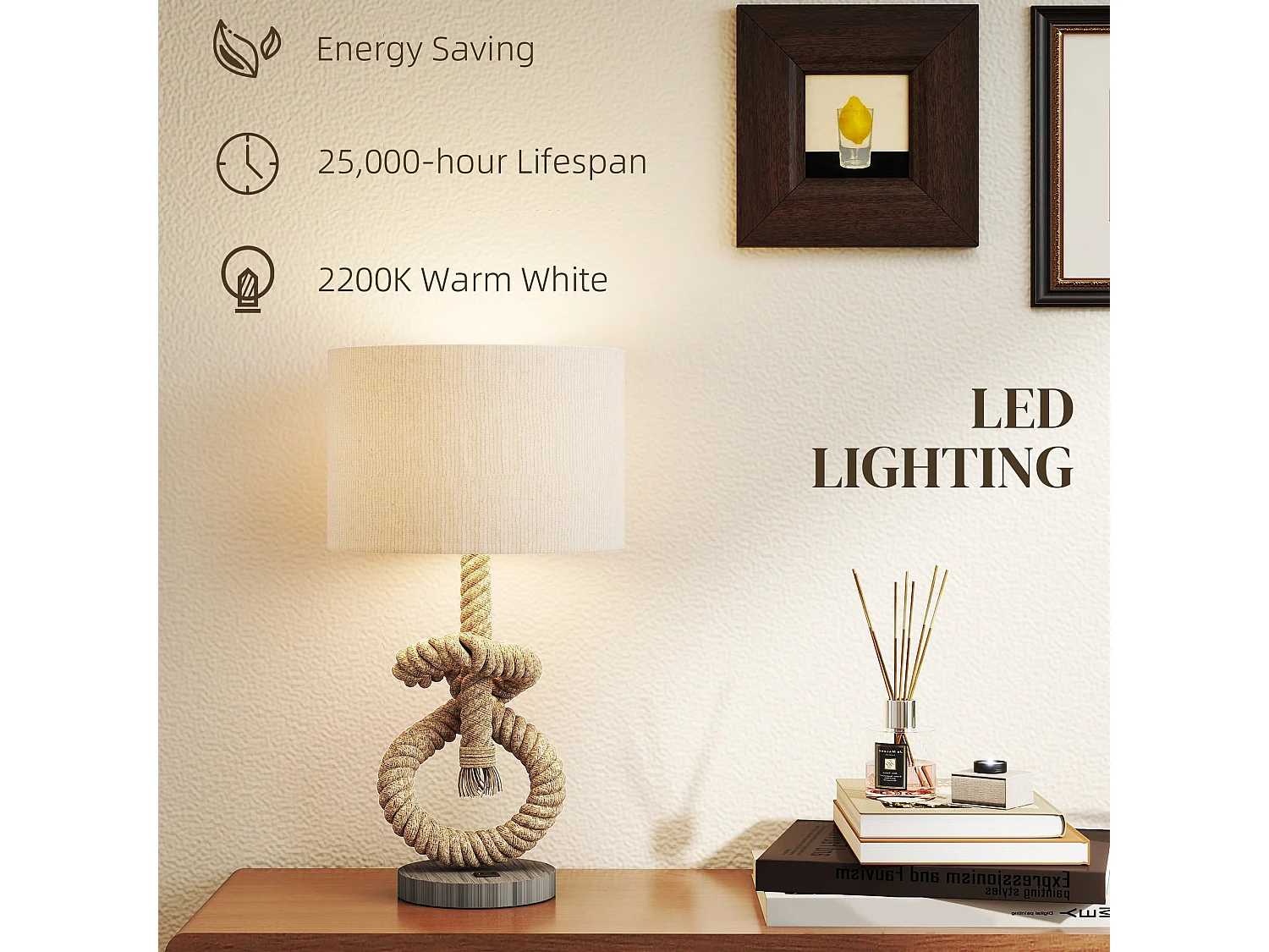 Releta Nautical LED Table Lamp with USB Port E27 Beige Linen Shade