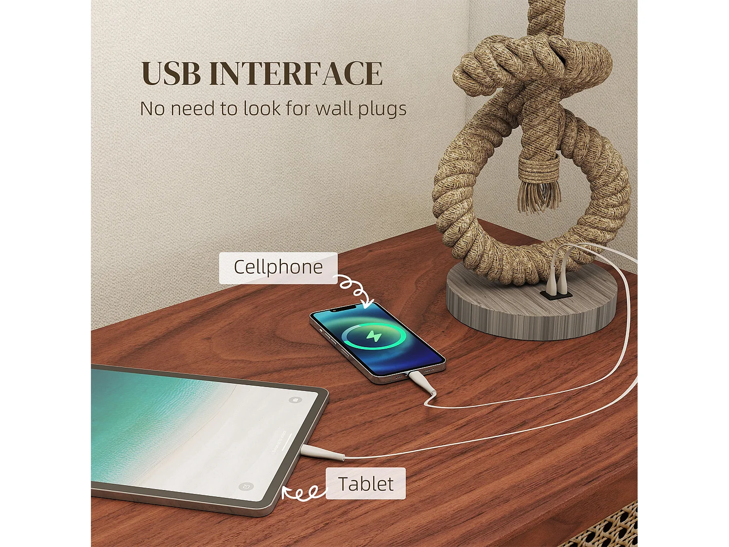 Releta Nautical LED Table Lamp with USB Port E27 Beige Linen Shade