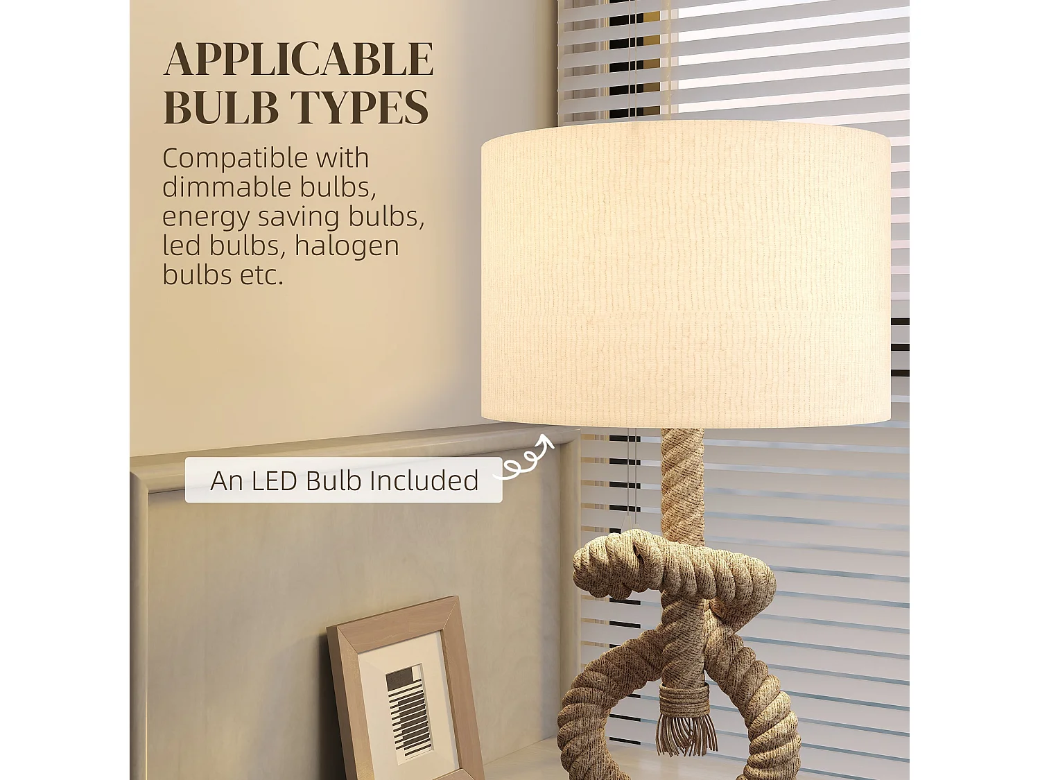 Releta Nautical LED Table Lamp with USB Port E27 Beige Linen Shade