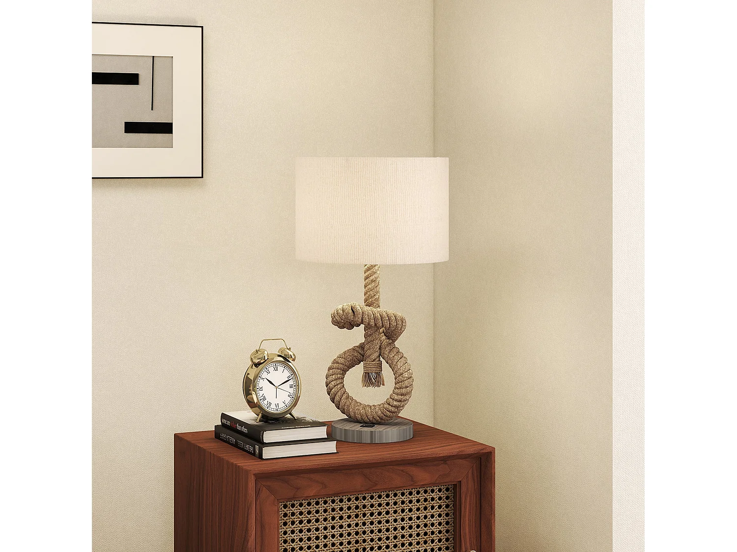 Releta Nautical LED Table Lamp with USB Port E27 Beige Linen Shade