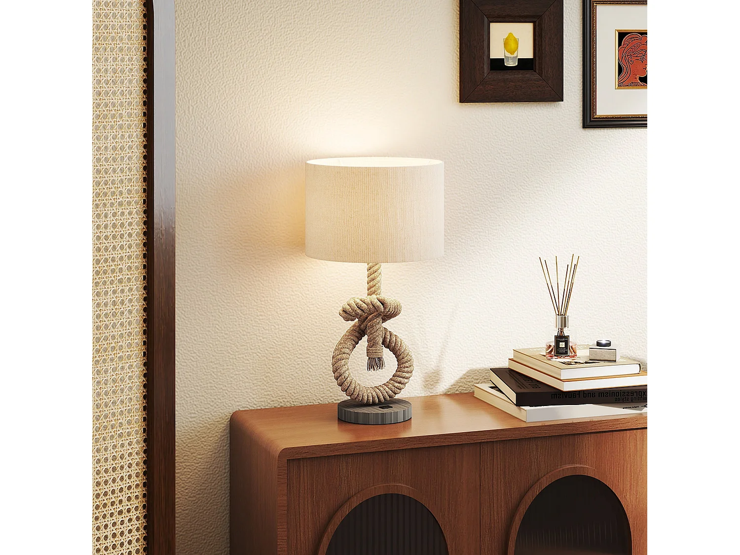 Releta Nautical LED Table Lamp with USB Port E27 Beige Linen Shade