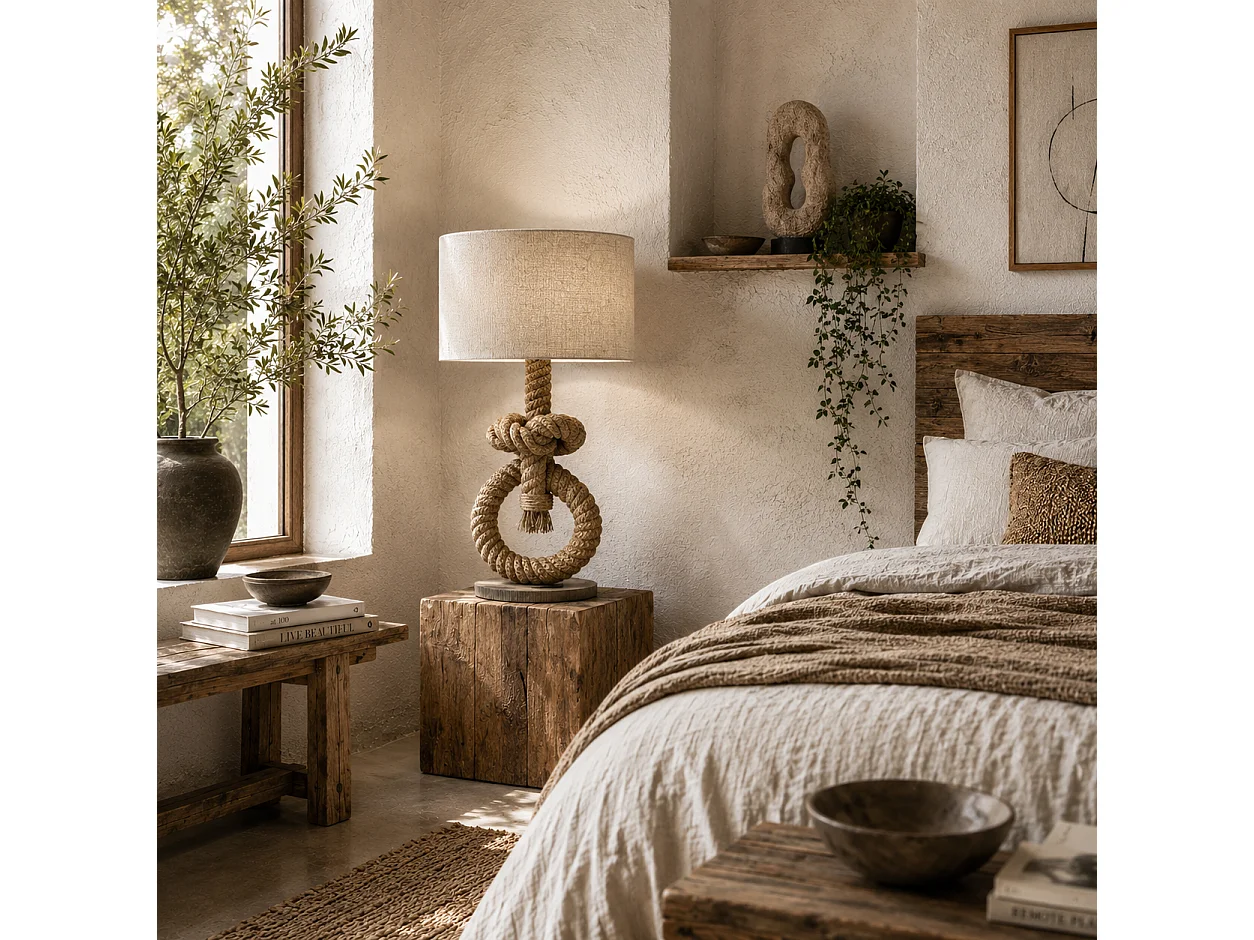 Releta Nautical LED Table Lamp with USB Port E27 Beige Linen Shade