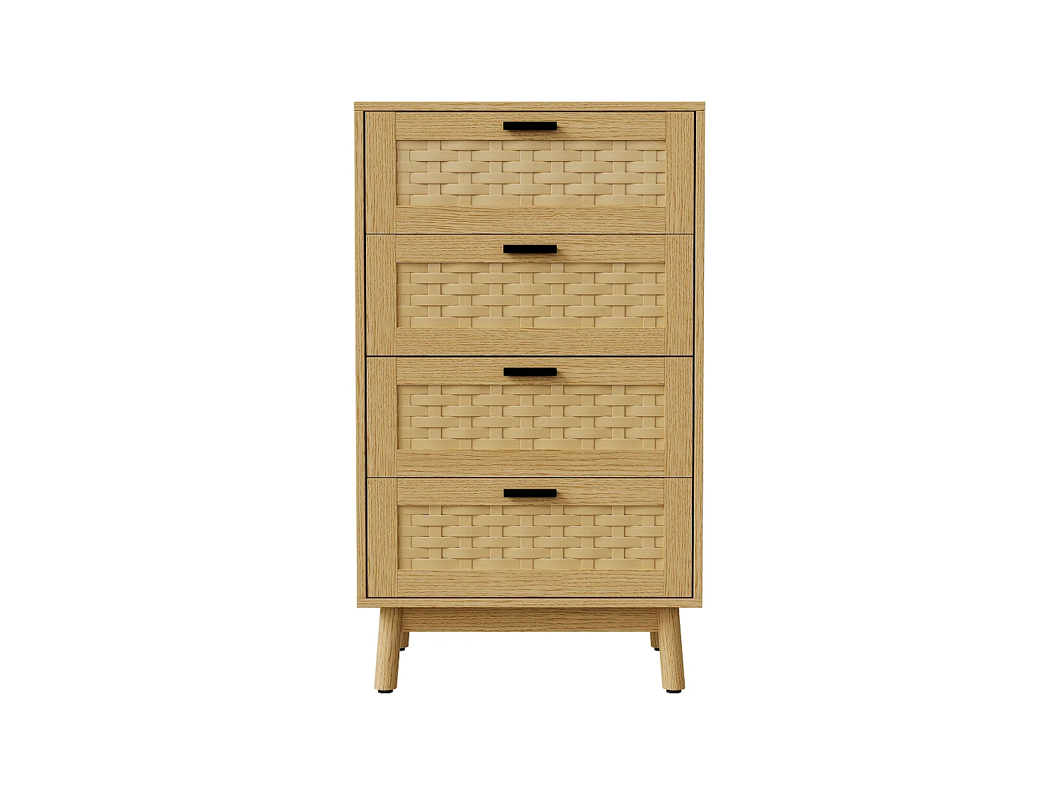 Commode en rotin à 4 tiroirs, meuble de rangement avec système anti-basculement, poignées et pieds, commode en bois pour chambre, bureau, 55x40x95 cm