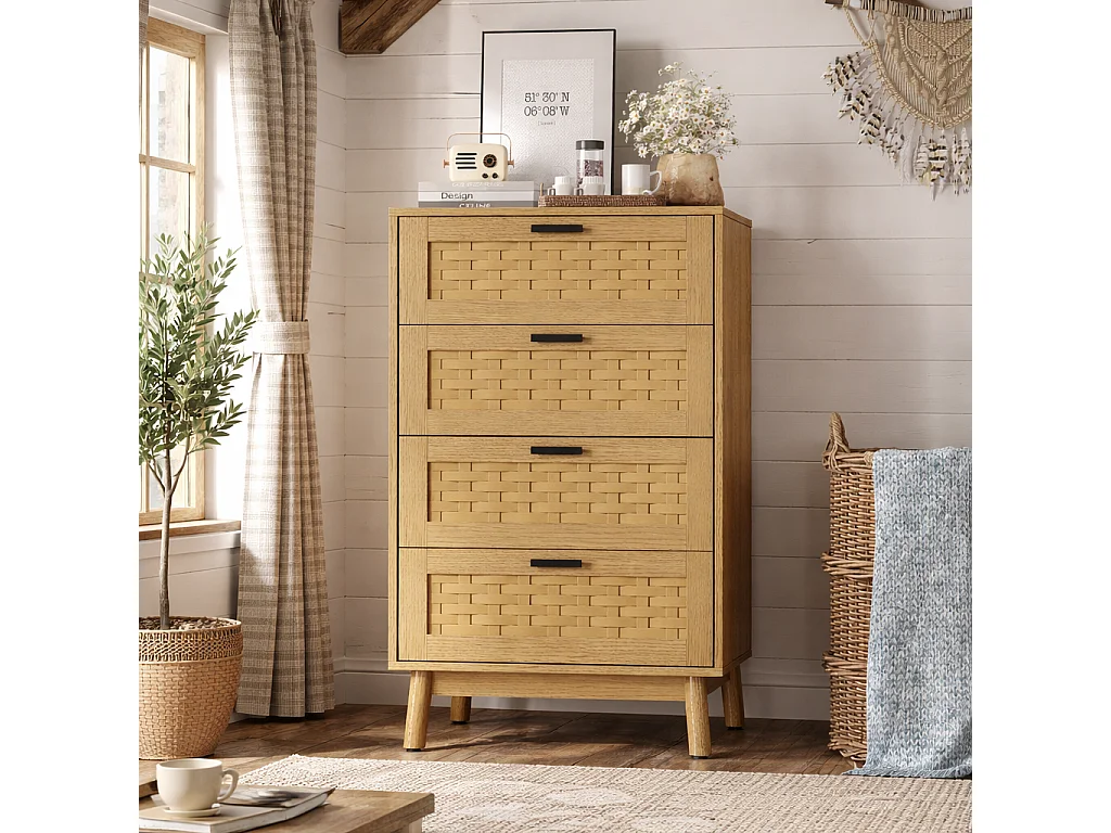 Commode en rotin à 4 tiroirs, meuble de rangement avec système anti-basculement, poignées et pieds, commode en bois pour chambre, bureau, 55x40x95 cm