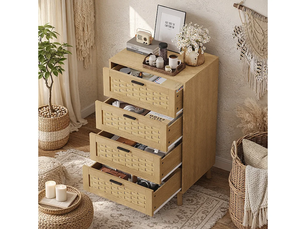 Commode en rotin à 4 tiroirs, meuble de rangement avec système anti-basculement, poignées et pieds, commode en bois pour chambre, bureau, 55x40x95 cm