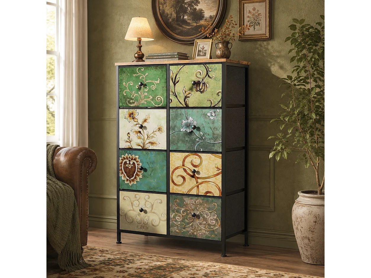 Commode à 8 Tiroirs 67.5x30x100 cm, Commode Chambre avec tiroirs en Tissu, Meuble de Rangement, avec Plateau en Bois, pour Salon, Chambre à Coucher
