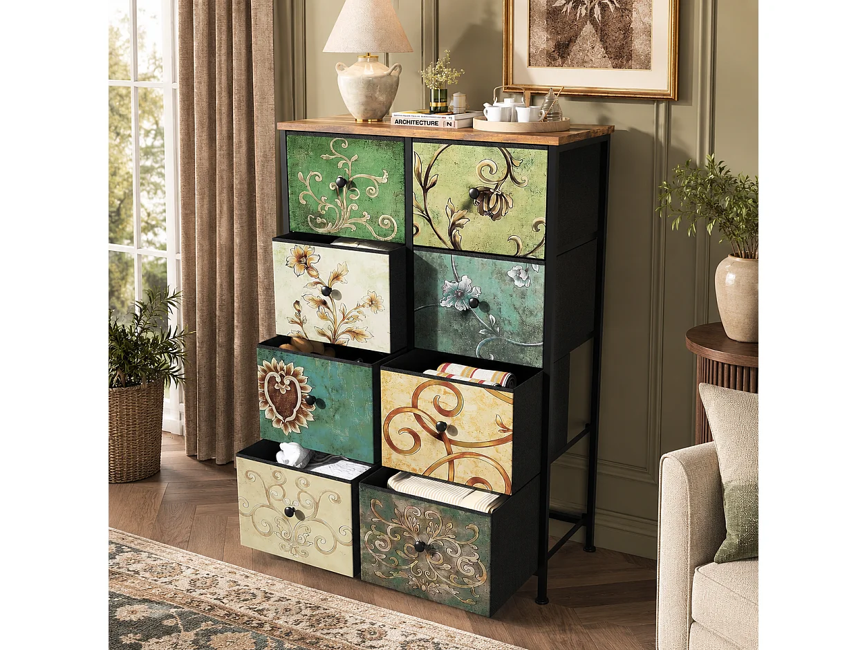 Commode à 8 Tiroirs 67.5x30x100 cm, Commode Chambre avec tiroirs en Tissu, Meuble de Rangement, avec Plateau en Bois, pour Salon, Chambre à Coucher