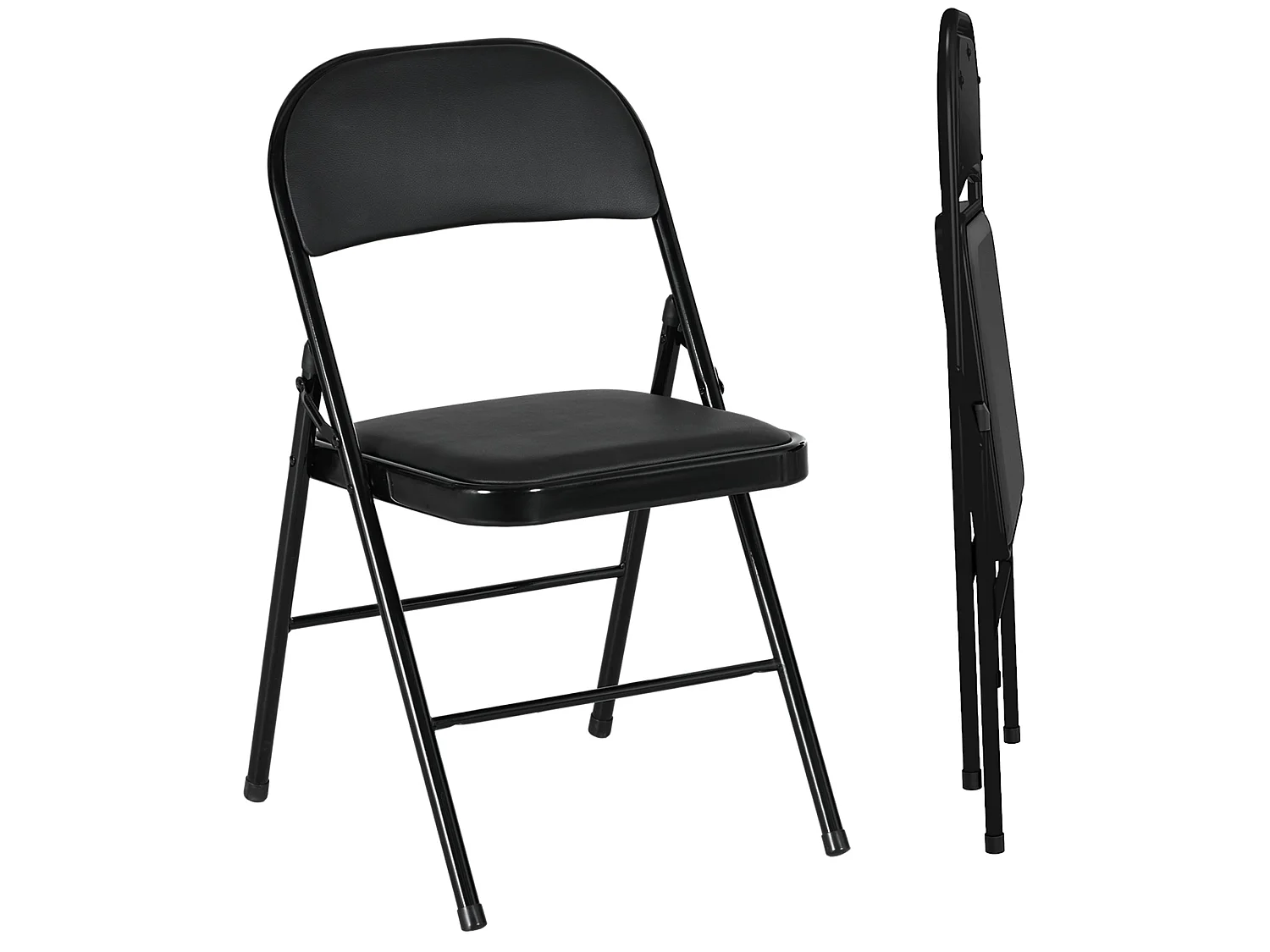 Black Cushioned Folding Chairs Set of 2 Powder Coated Steel Faux Leather