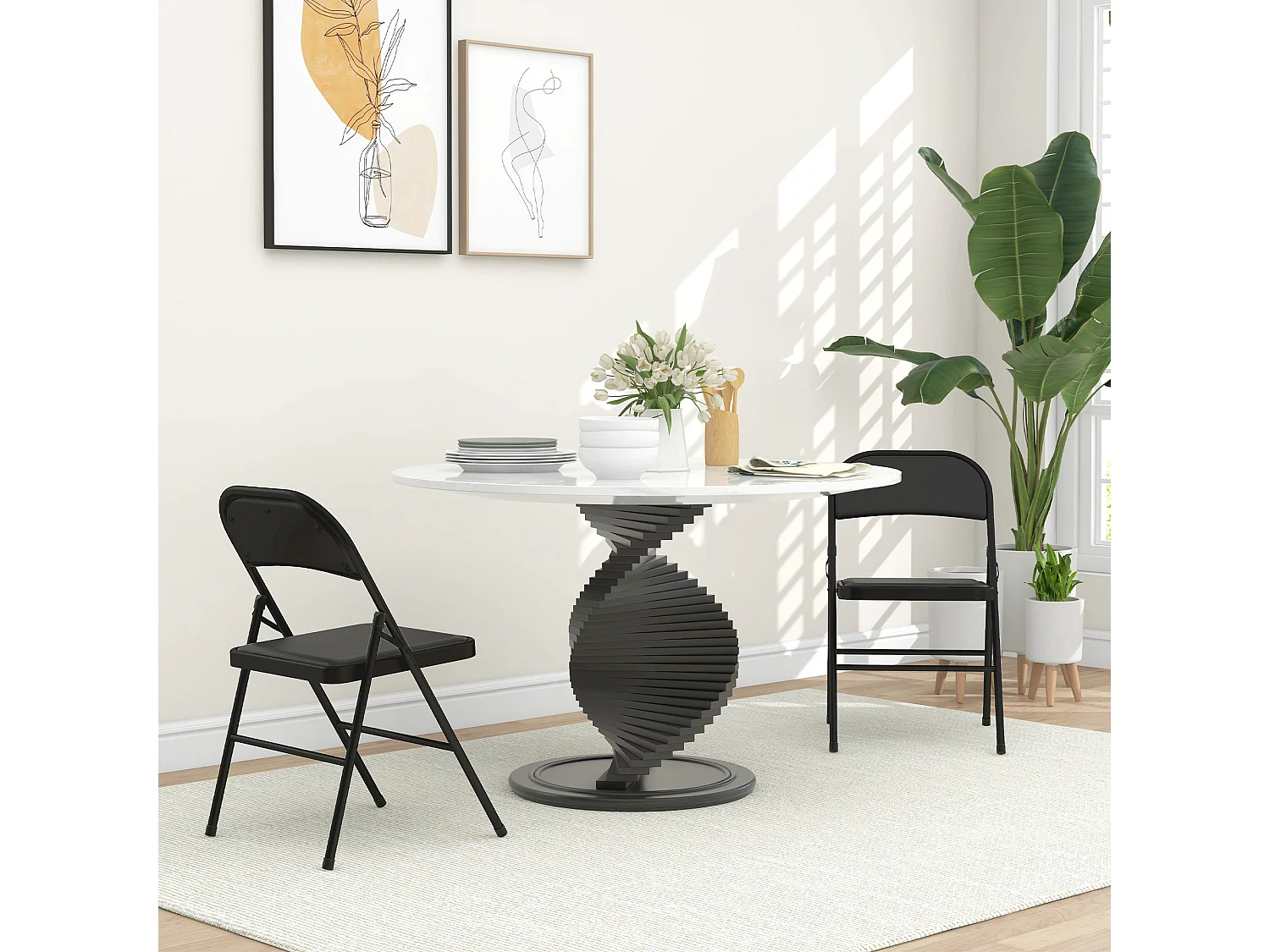 Black Cushioned Folding Chairs Set of 2 Powder Coated Steel Faux Leather