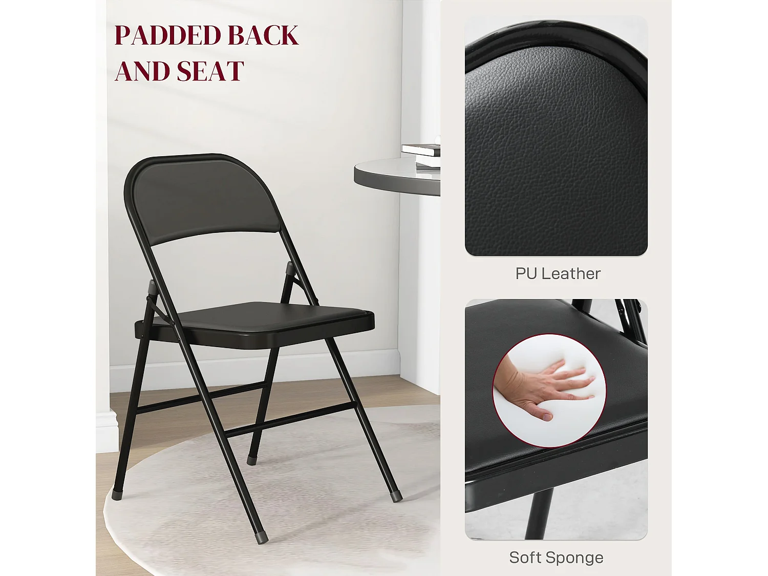 Black Cushioned Folding Chairs Set of 2 Powder Coated Steel Faux Leather