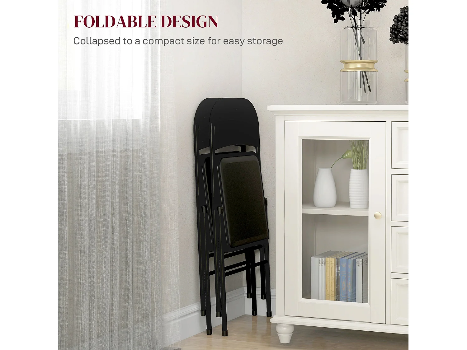 Black Cushioned Folding Chairs Set of 2 Powder Coated Steel Faux Leather