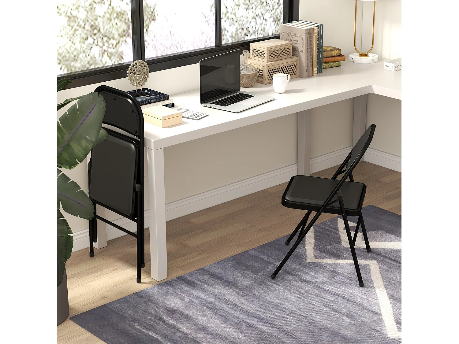 Black Cushioned Folding Chairs Set of 2 Powder Coated Steel Faux Leather