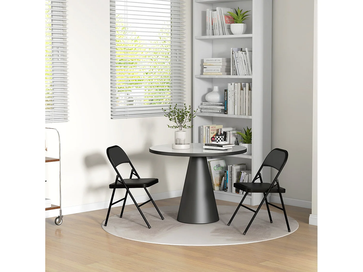 Black Cushioned Folding Chairs Set of 2 Powder Coated Steel Faux Leather
