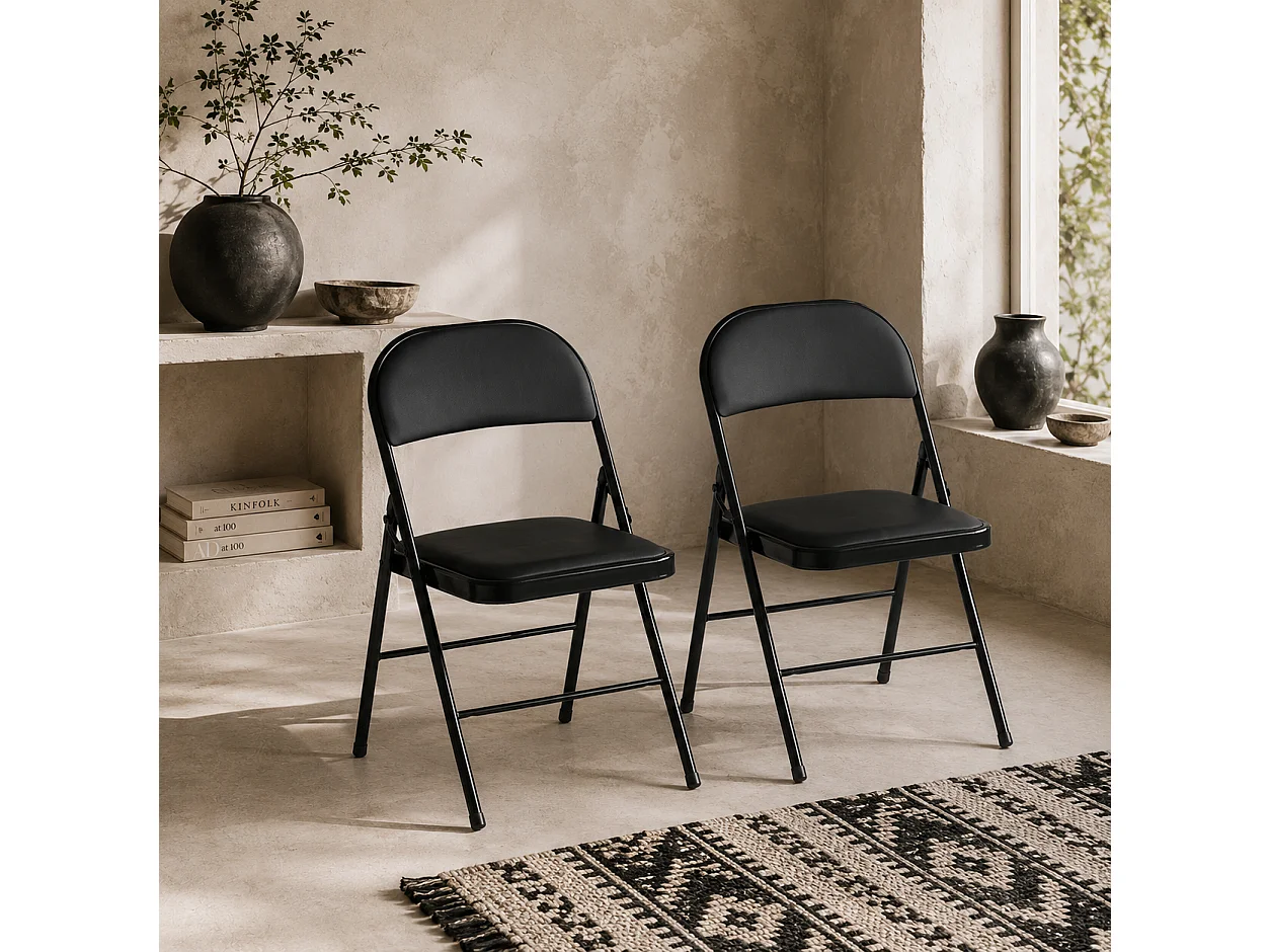 Black Cushioned Folding Chairs Set of 2 Powder Coated Steel Faux Leather