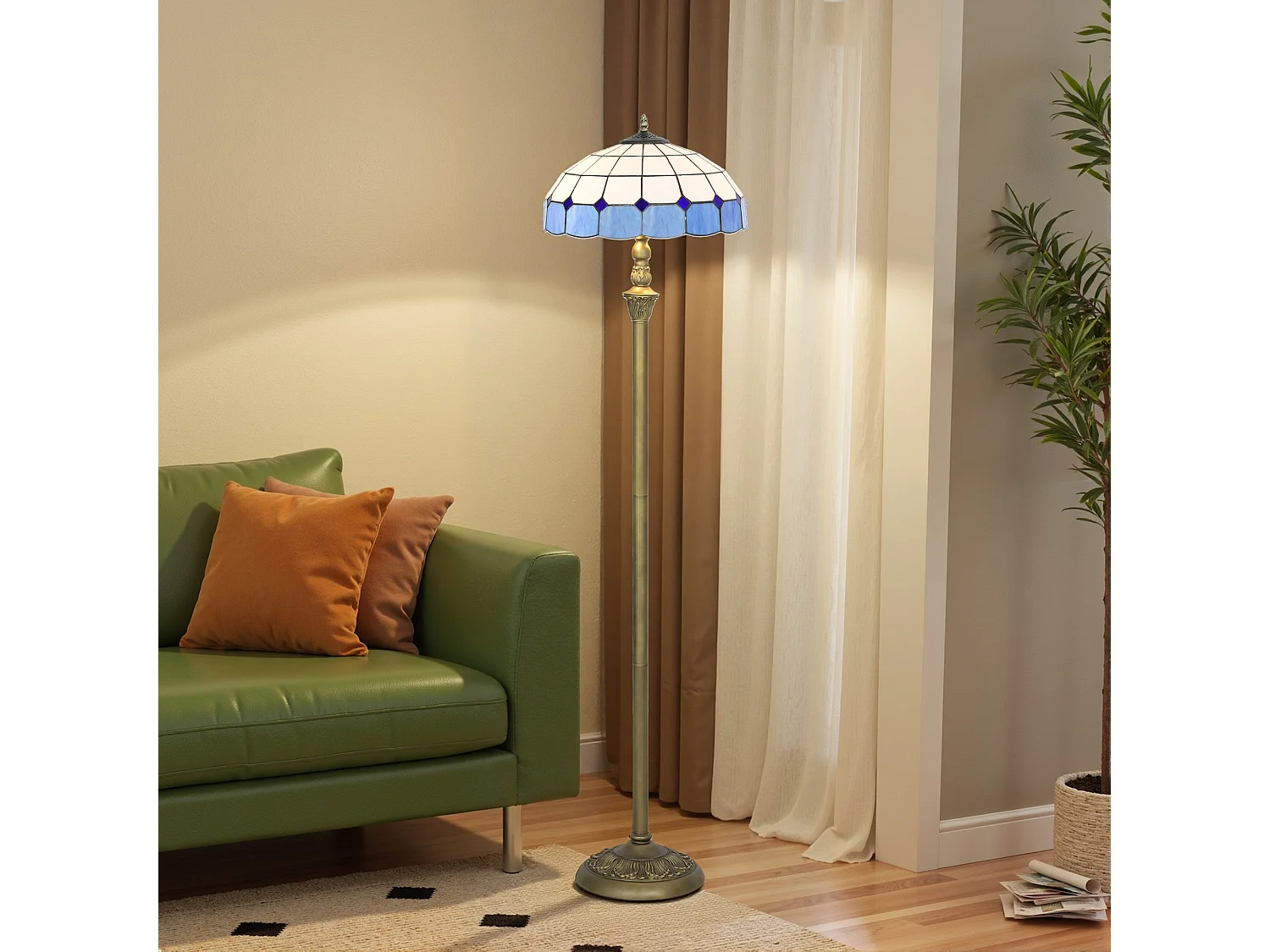 Luel Tiffany Style Floor Lamp Bronze Tone Frame with Blue and White Stained Glass Shade
