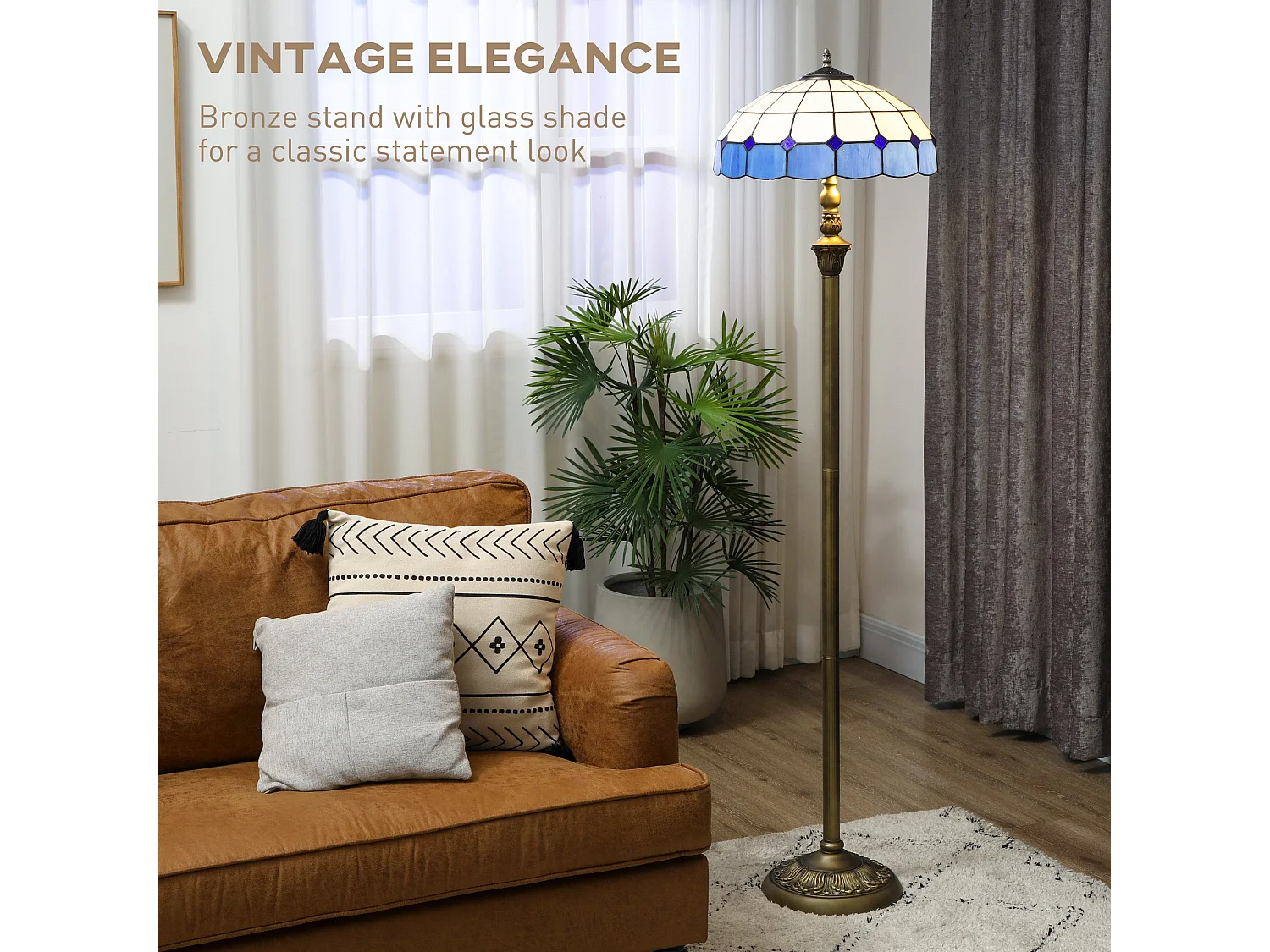 Luel Tiffany Style Floor Lamp Bronze Tone Frame with Blue and White Stained Glass Shade