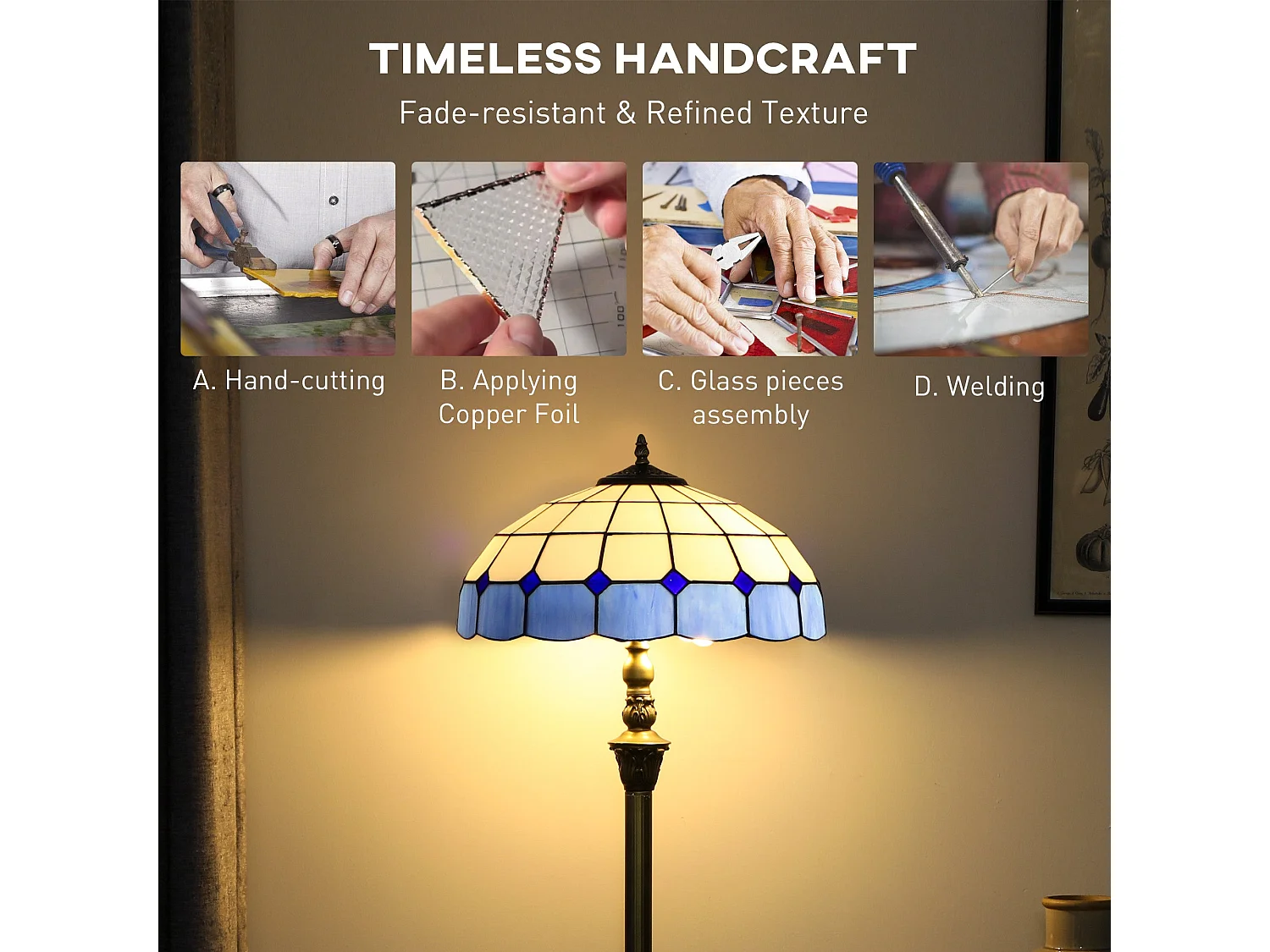 Luel Tiffany Style Floor Lamp Bronze Tone Frame with Blue and White Stained Glass Shade