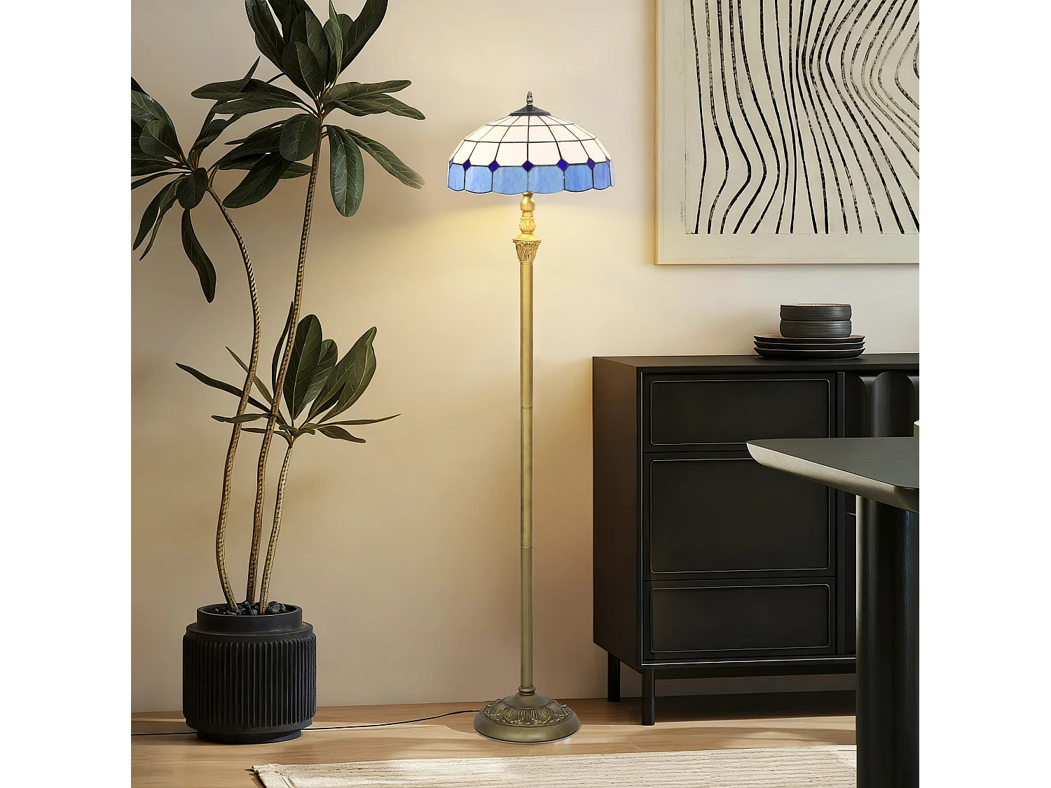 Luel Tiffany Style Floor Lamp Bronze Tone Frame with Blue and White Stained Glass Shade