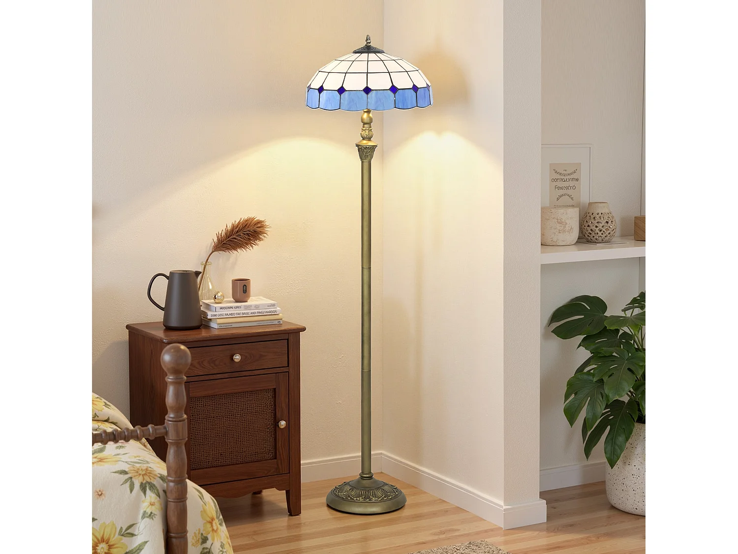 Luel Tiffany Style Floor Lamp Bronze Tone Frame with Blue and White Stained Glass Shade