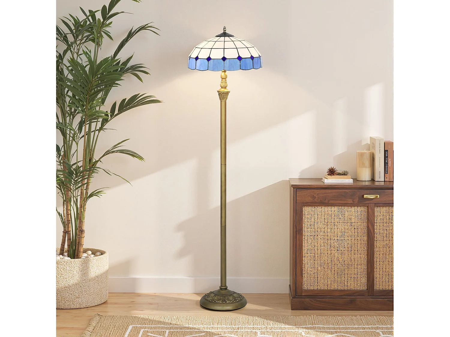 Luel Tiffany Style Floor Lamp Bronze Tone Frame with Blue and White Stained Glass Shade