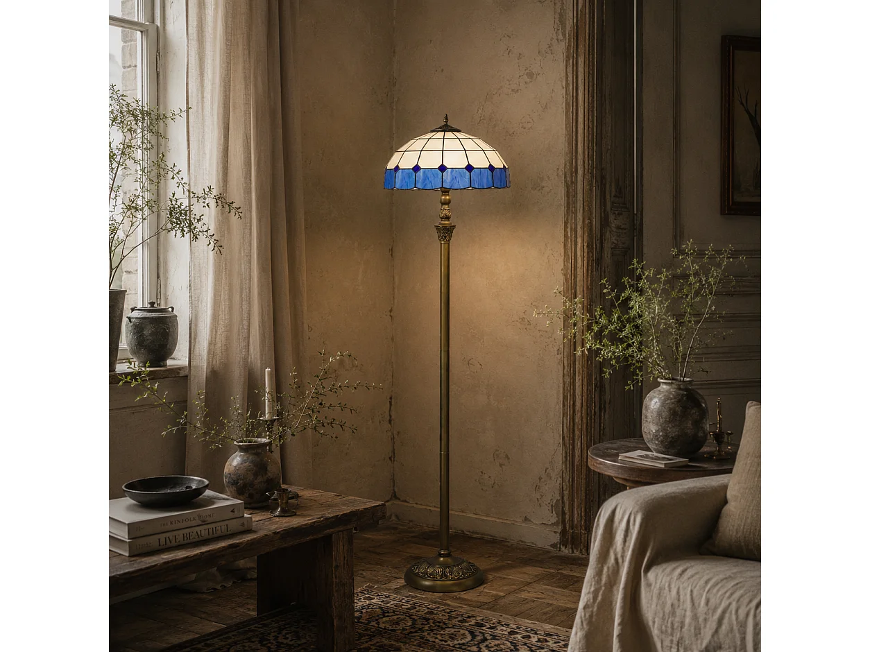 Luel Tiffany Style Floor Lamp Bronze Tone Frame with Blue and White Stained Glass Shade
