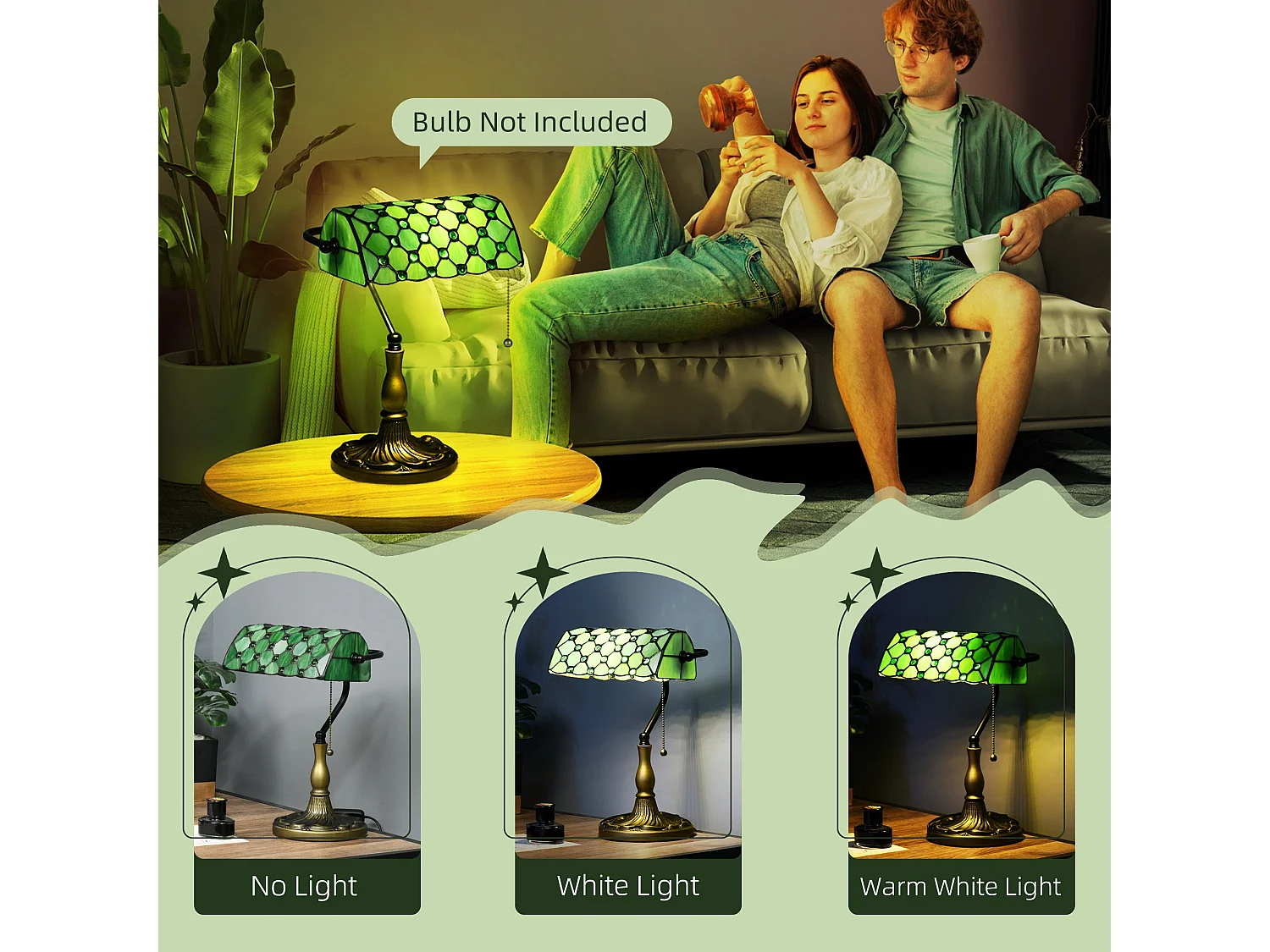 Nofilu Vintage Green Stained Glass Table Lamp 38cm E27